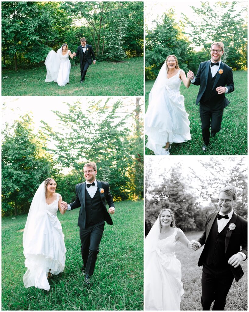 bride and groom running at the camera
