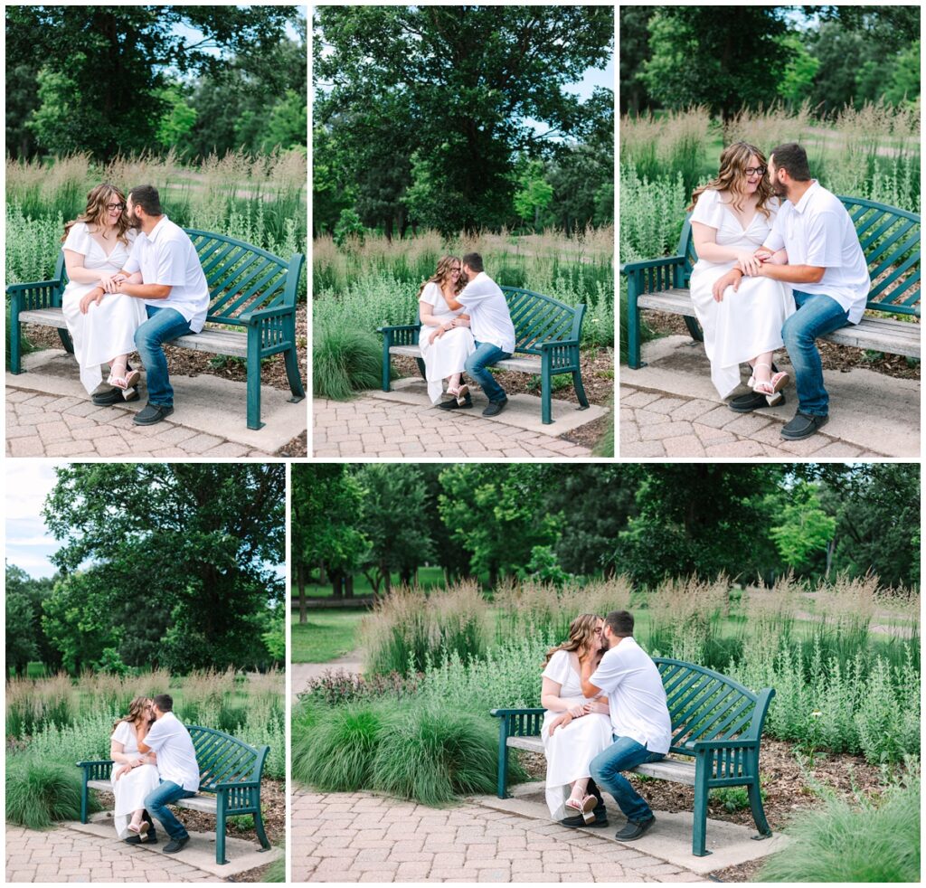 engaged couple sitting on the bench at minnehaha falls in minnesota