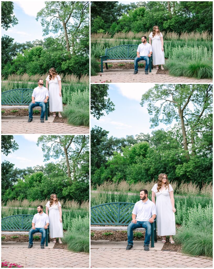 engaged couple sitting on the bench at minnehaha falls in minnesota