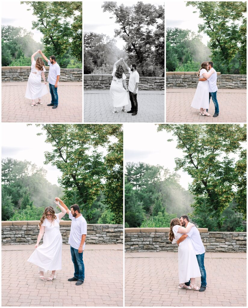 couple dancing on cobblestone path in st. paul, minnesota