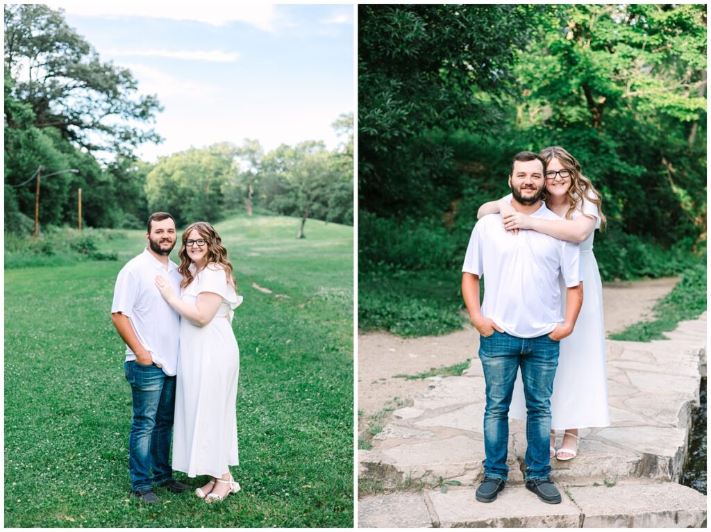 engaged couple smiling at camera in minneapolis