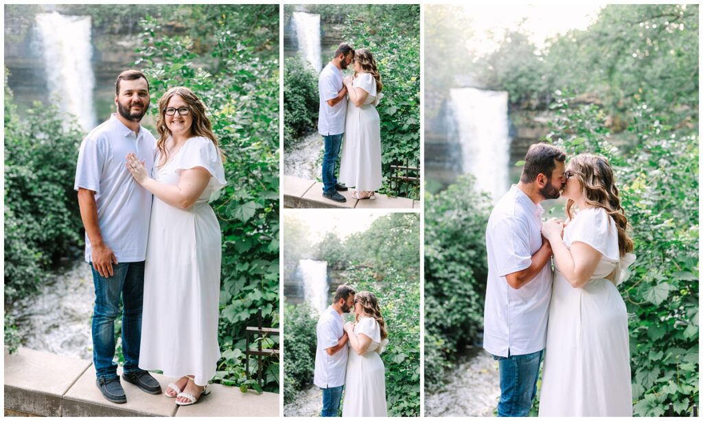 couple standing in front of minnehaha falls in minnesota