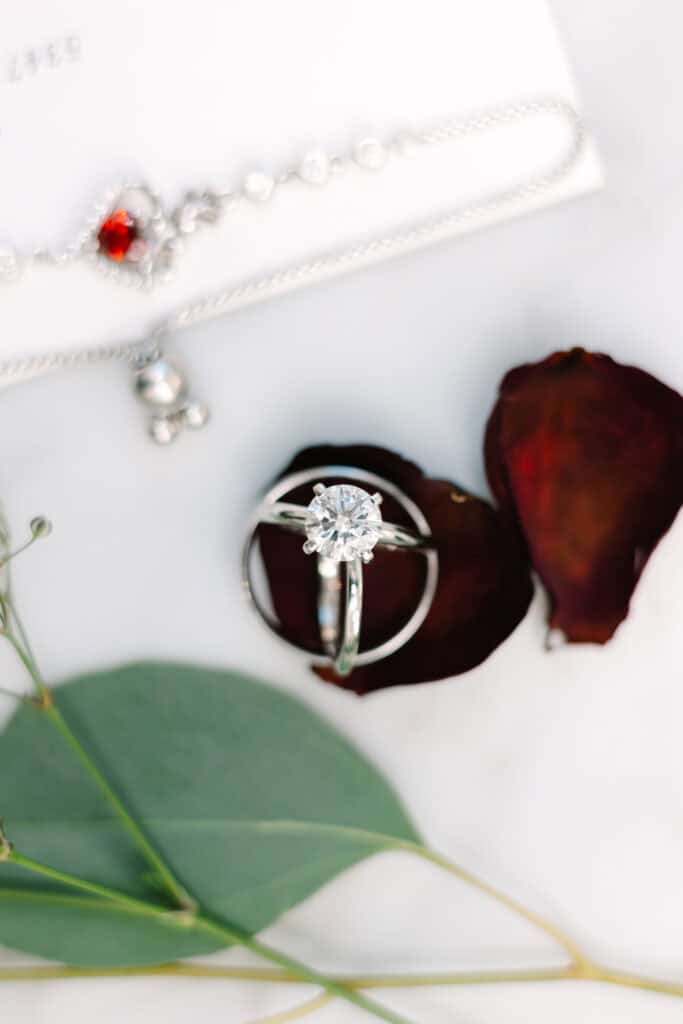 Olivia + Andrew Wedding Wedding rings arranged with dark red rose petals and greenery