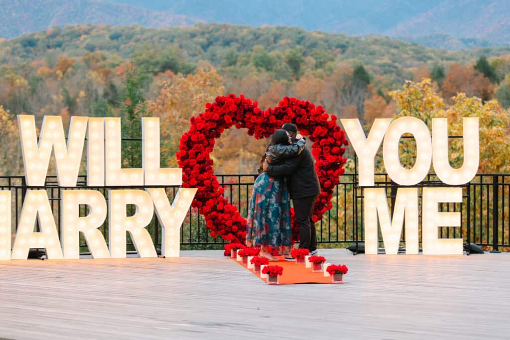 Bobby + Alyssa Proposal Red rose heart and proposal decorations with Smoky Mountain views