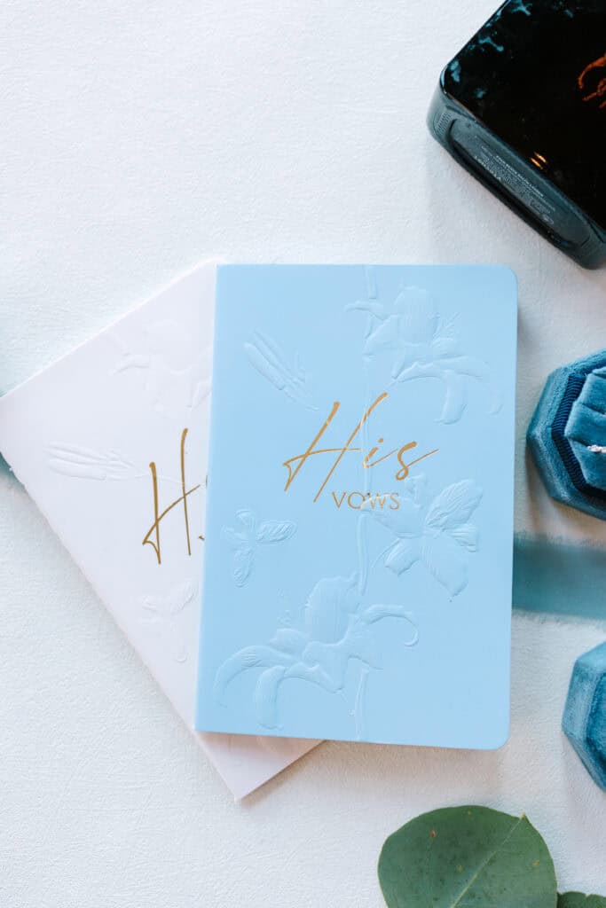 Lauren + Connor Wedding Pale blue wedding stationery with gold lettering and a velvet ring box