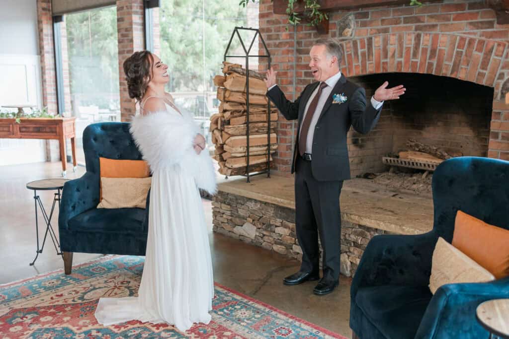 Sarah + Jake Wedding Dad turning to see the bride in her gown