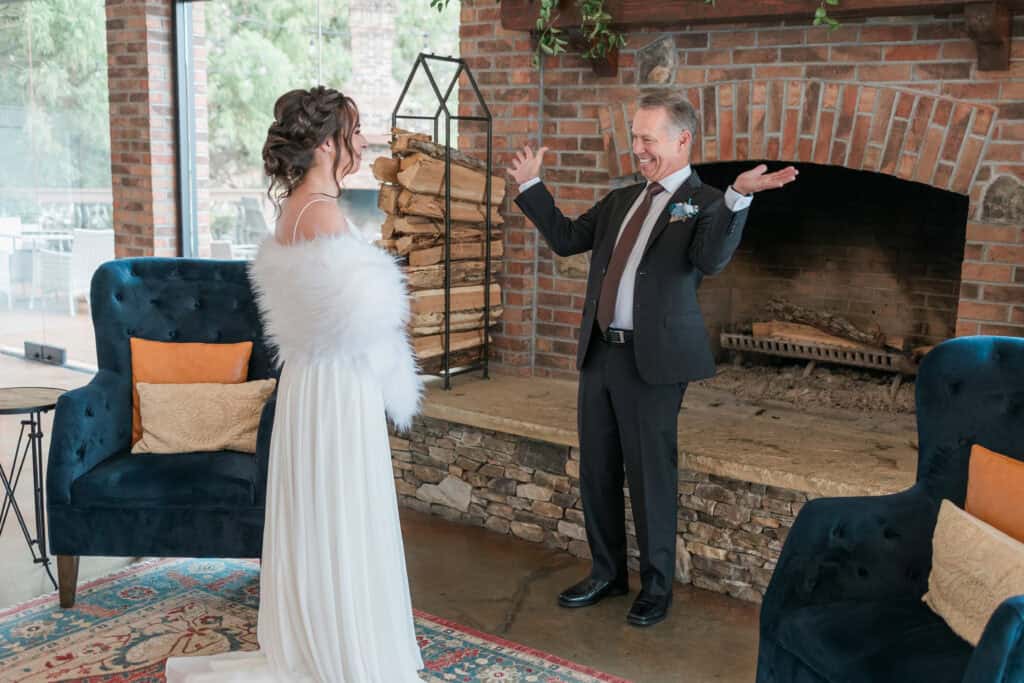 Sarah + Jake Wedding Dad reacting to seeing his daughter in her wedding dress